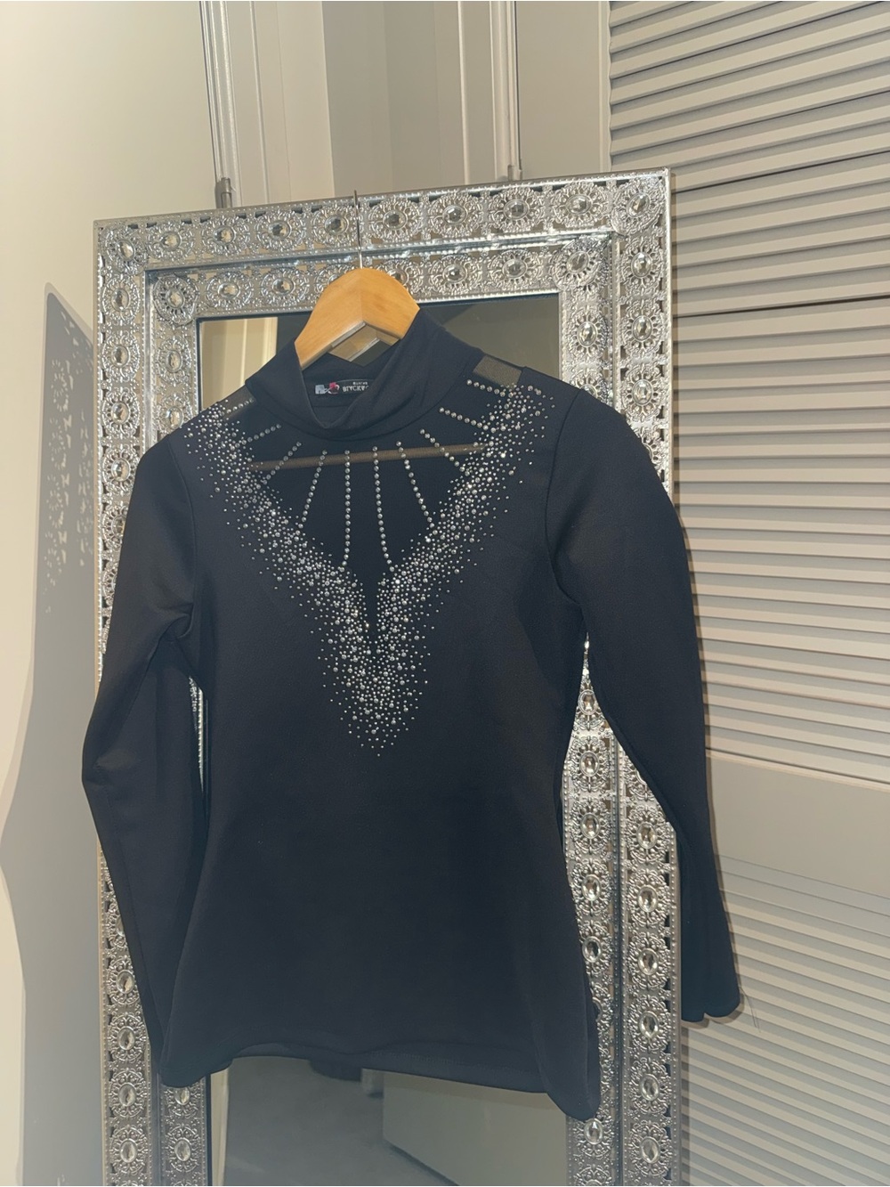 Black Rhinestone Mock Neck Long Sleeve Top